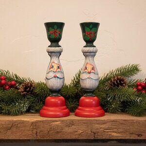 Pair of Wooden Hand Painted Candlesticks Santa Claus Christmas Folk Art Vintage